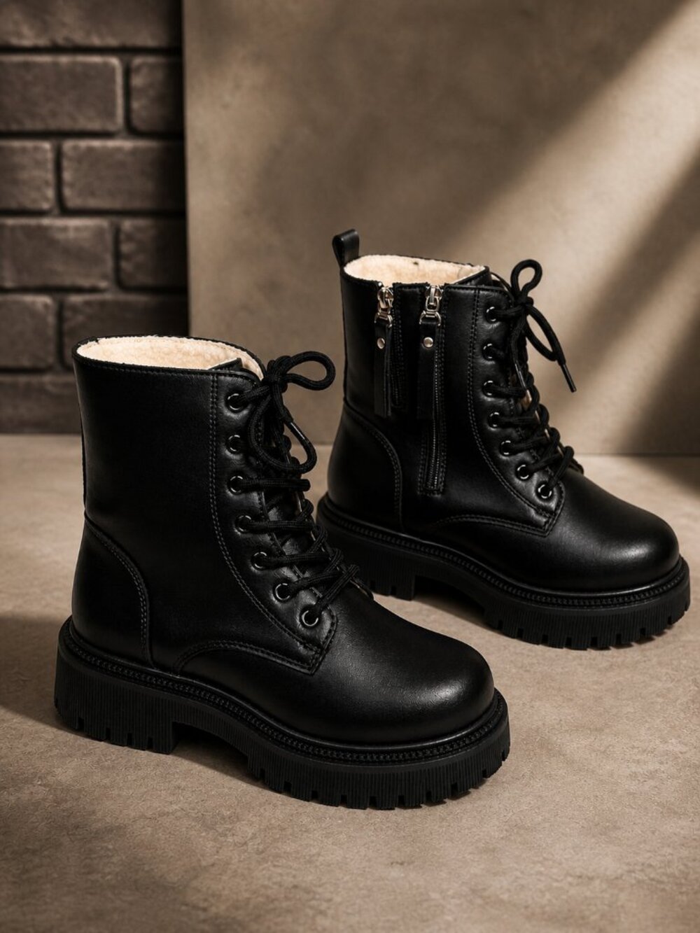 Black Platform Lace Up Combat Boots - Side Zipper - Chunky Sole Size 40